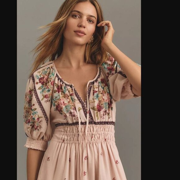 Anthropologie The Somerset Maxi Dress Puff-Sleeve Edition Pink Flowers - Sz M - Picture 2 of 5